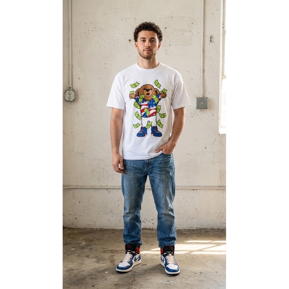 Launder Bailey Apparel Mens Graphic T-Shirt Money Bear USA Flag